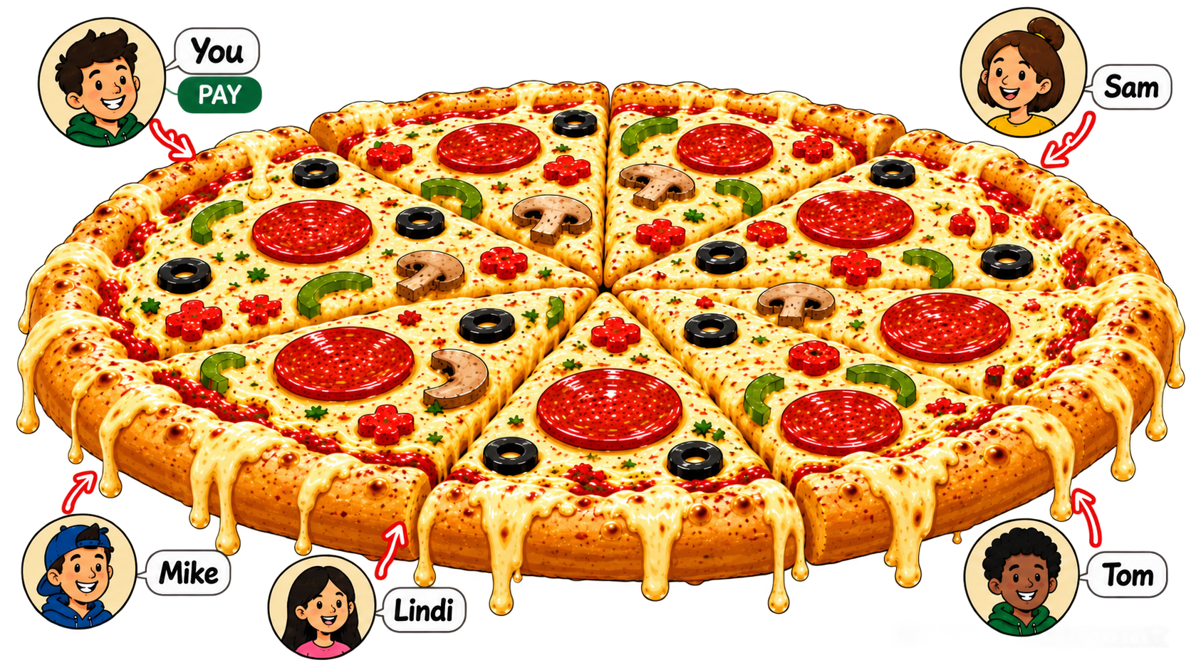 A delicious cartoon pizza with gooey cheese and toppings, shown in perspective